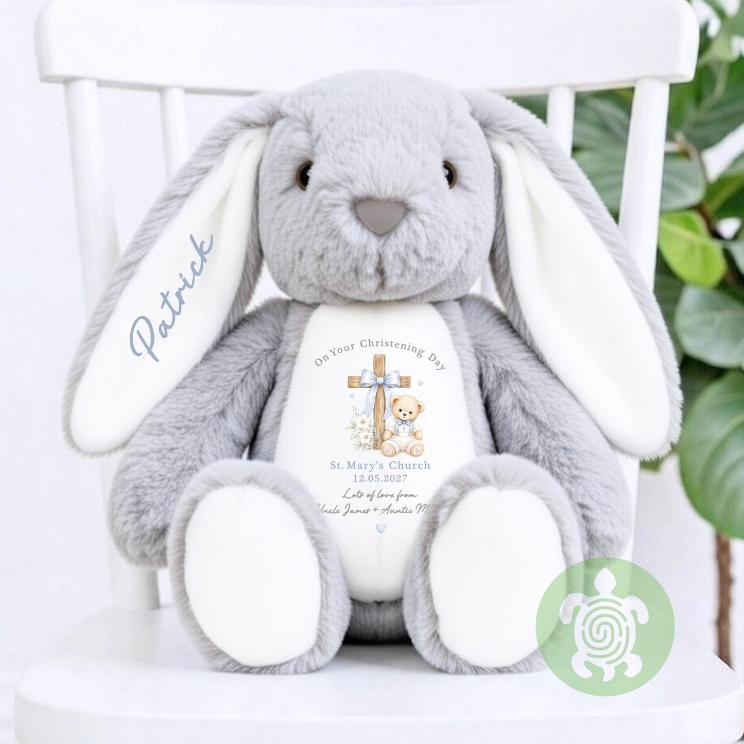 Personalised Blue Teddy Cross Christening Bunny Gift, Baptism, Dedication or Holy Communion Gift, Personalised Bunny for Baby’s Special Day