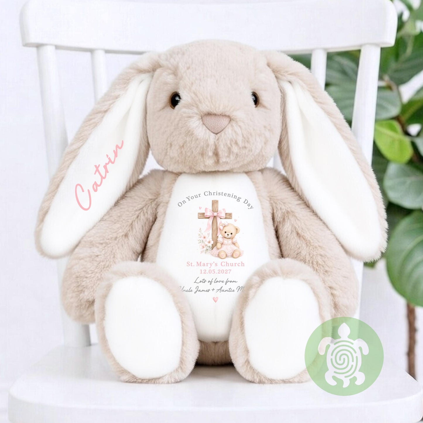 Personalised Pink Teddy Cross Christening Bunny Gift, Baptism, Dedication or Holy Communion Gift, Personalised Bunny for Baby’s Special Day