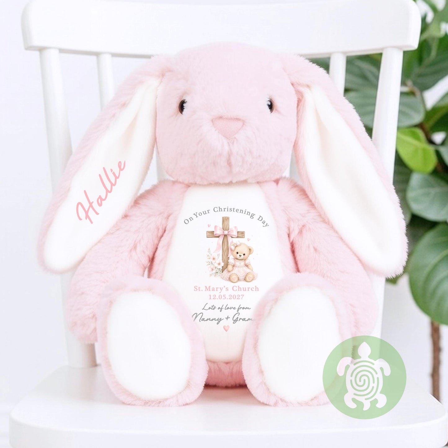 Personalised Pink Teddy Cross Christening Bunny Gift, Baptism, Dedication or Holy Communion Gift, Personalised Bunny for Baby’s Special Day