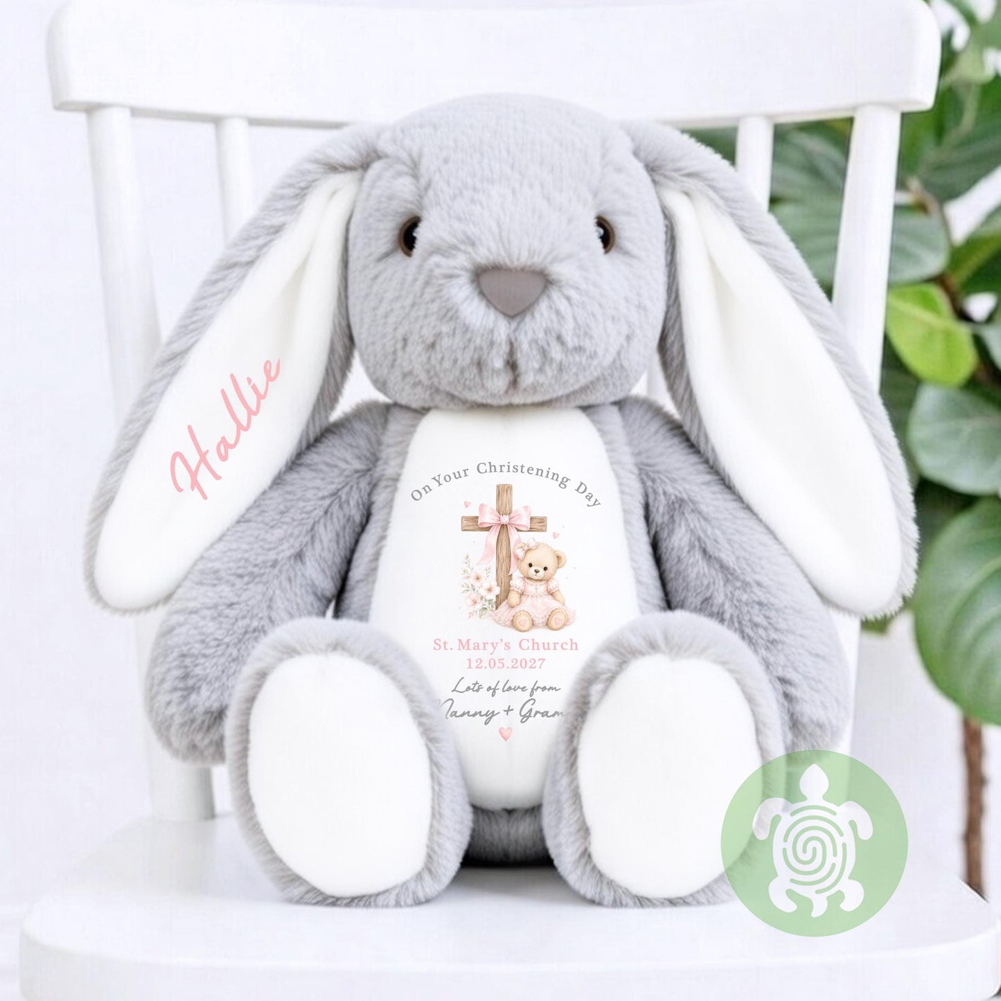 Personalised Pink Teddy Cross Christening Bunny Gift, Baptism, Dedication or Holy Communion Gift, Personalised Bunny for Baby’s Special Day