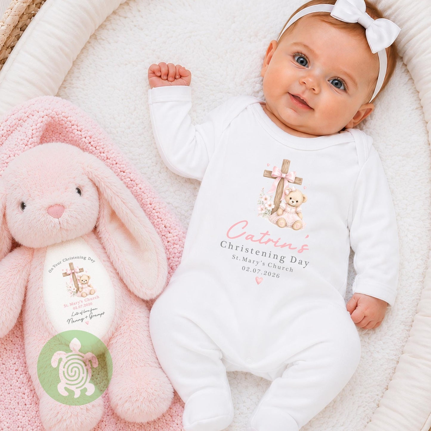 Personalised Pink Baby Teddy Cross Christening Outfit, Dedication or Holy Communion Gift, Babygrow, Baby Girl Christening Gift, Cotton