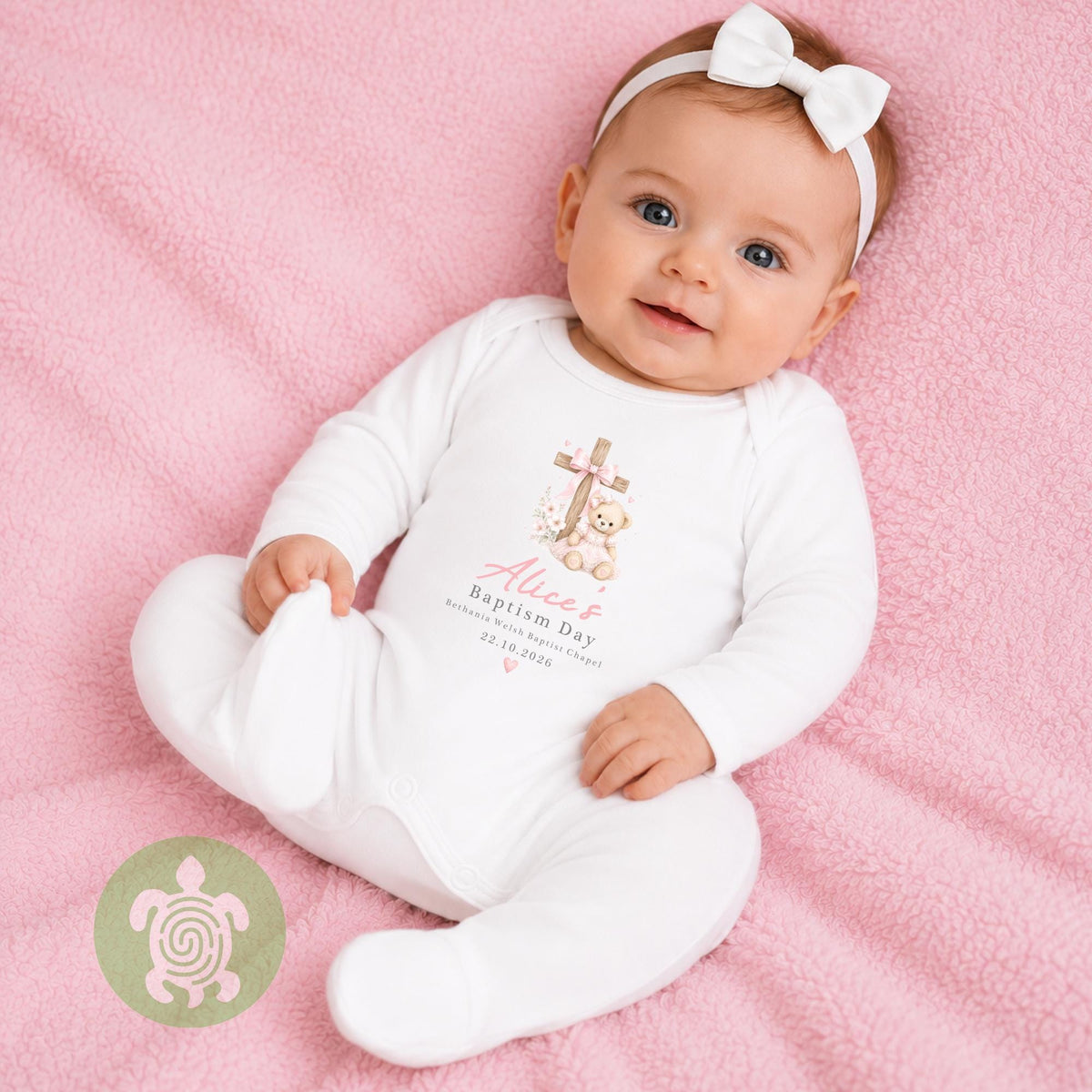 Personalised Pink Baby Teddy Cross Christening Outfit, Dedication or Holy Communion Gift, Babygrow, Baby Girl Christening Gift, Cotton