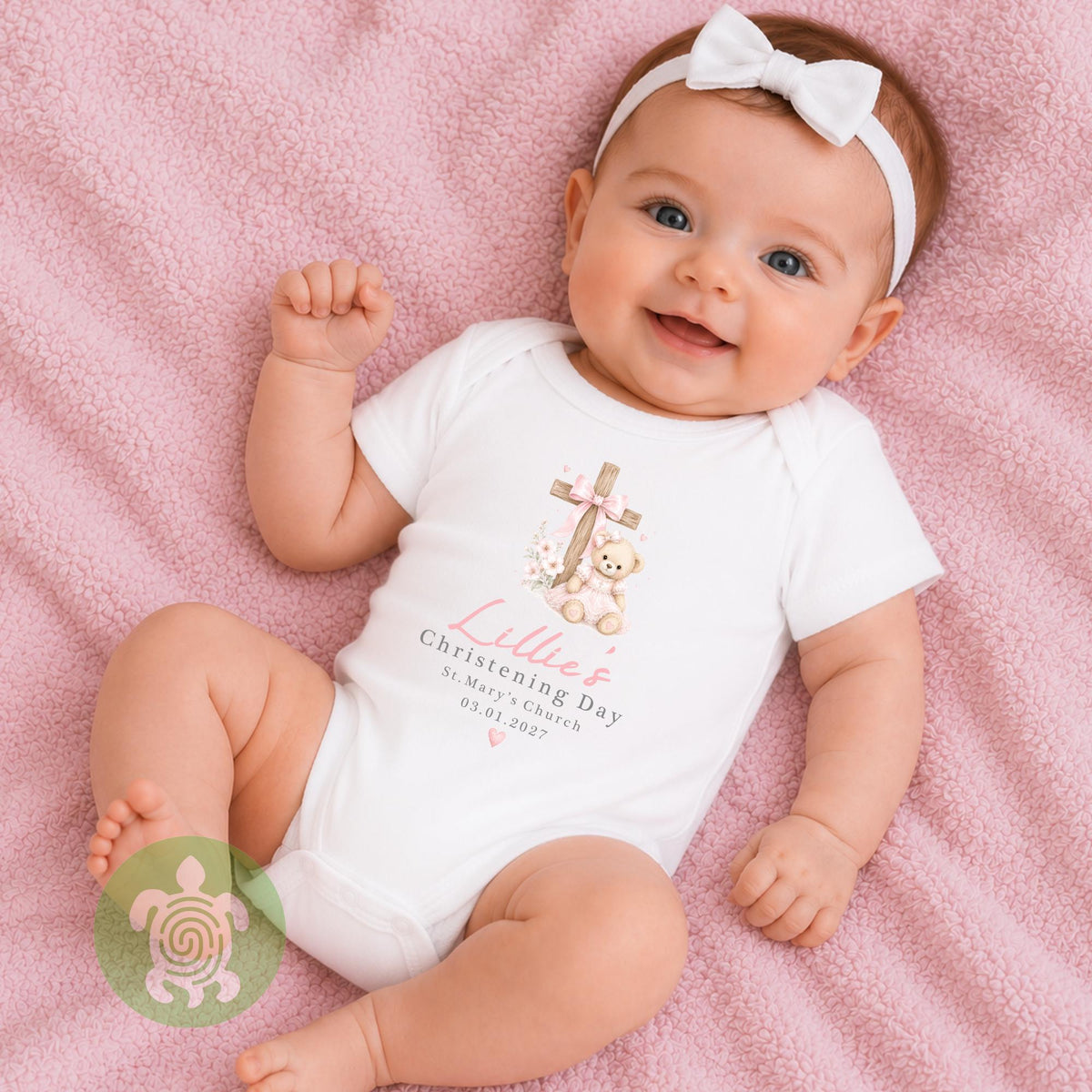 Personalised Pink Baby Teddy Cross Christening Outfit, Dedication or Holy Communion Gift, Babygrow, Baby Girl Christening Gift, Cotton