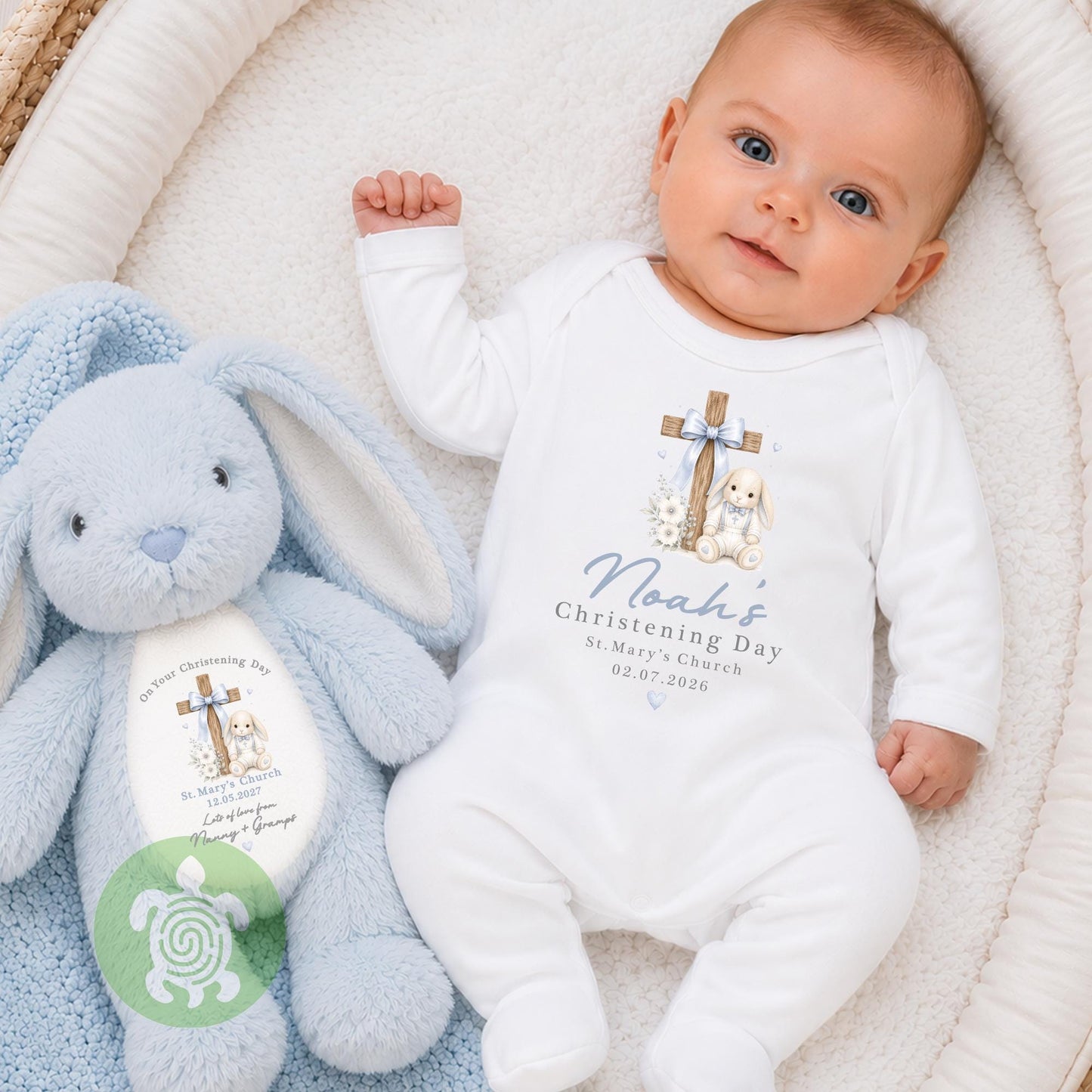 Personalised Blue Baby Bunny Cross Christening Outfit, Dedication or Holy Communion Gift, Babygrow, Baby Girl Christening Gift, Cotton