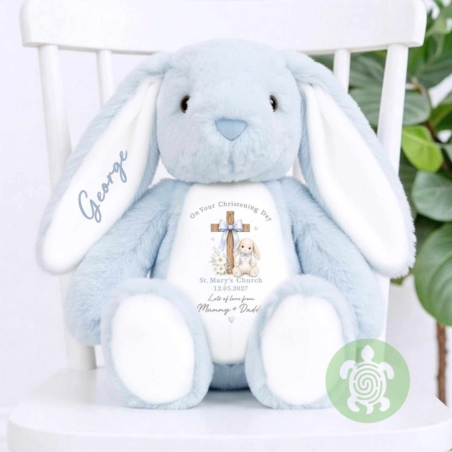 Personalised Blue Baby Bunny Cross Christening Outfit, Dedication or Holy Communion Gift, Babygrow, Baby Girl Christening Gift, Cotton