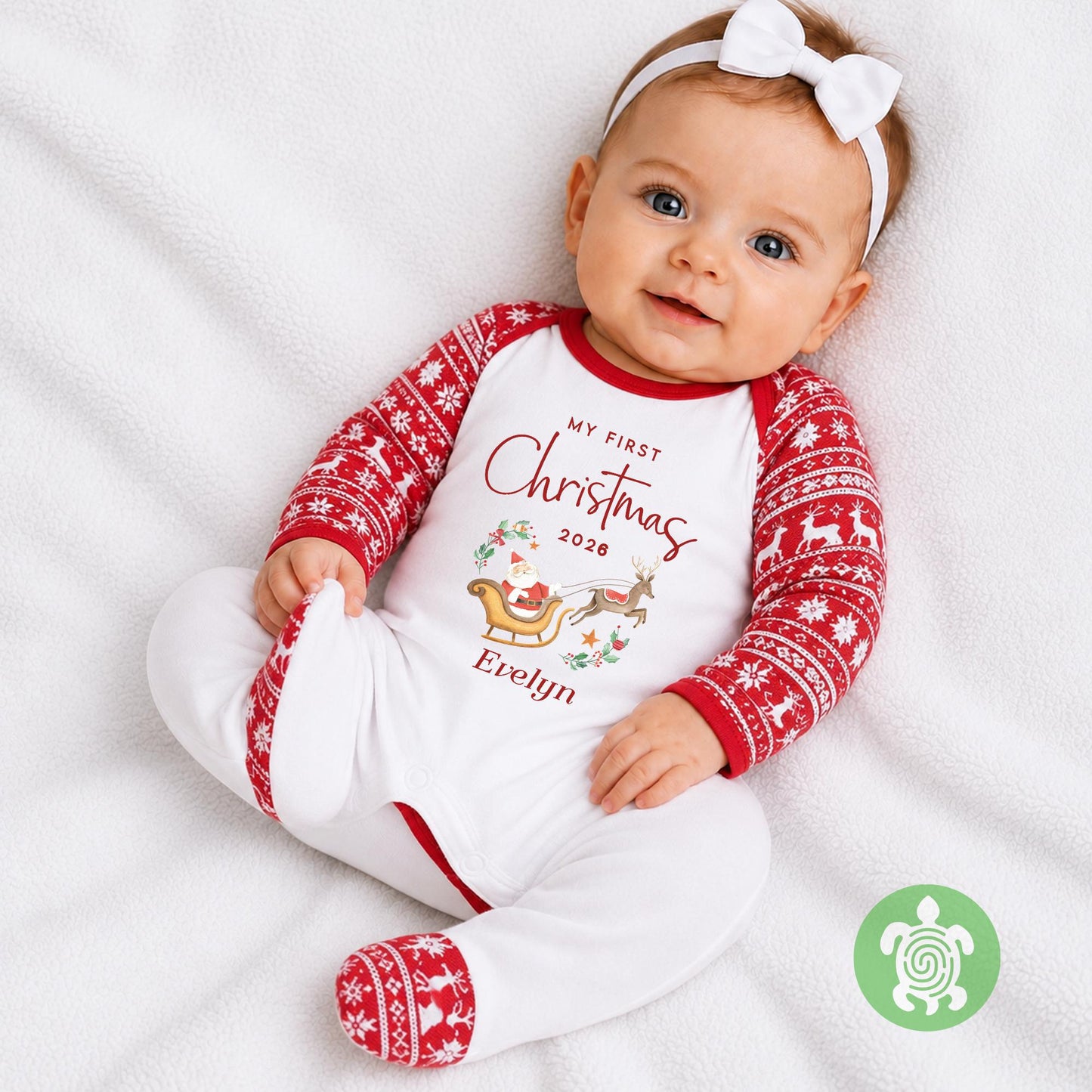 Luxury Personalised My First Christmas Santa's Sleigh, Red Festive Pattern, XMas Eve Set, Choose your Ballerina, Tight-fitting style