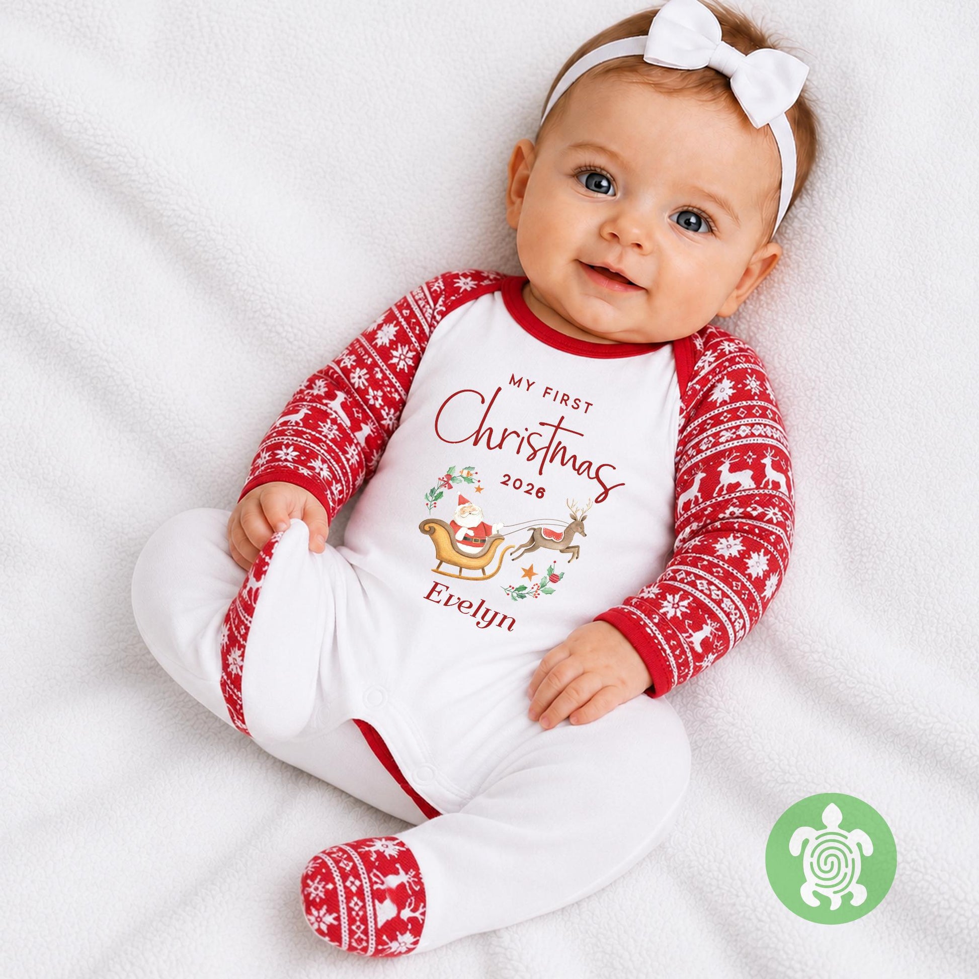Luxury Personalised My First Christmas Santa's Sleigh, Red Festive Pattern, XMas Eve Set, Choose your Ballerina, Tight-fitting style
