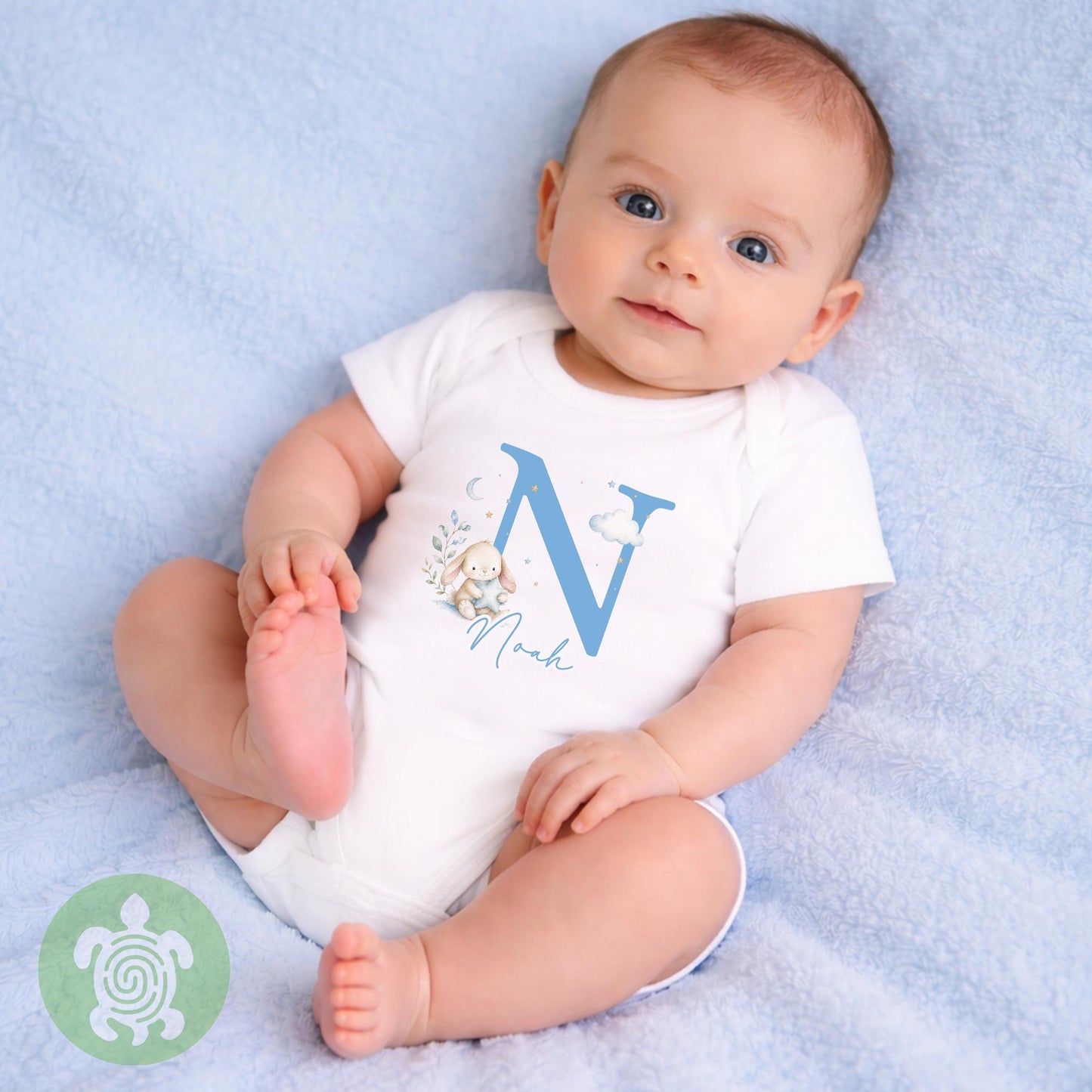 Personalised Bunny Clouds Baby Boy Gift Set, Personalised Baby Sleepsuit, Gifts for newborn, Hello world outfit, Baby Boy name announcement