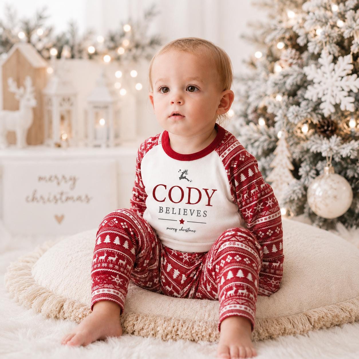 Luxury Believe Christmas Outfit, Festive Pattern, Personalised Clothing Set, Baby first Xmas, Tight-fitting style, Christmas Eve Gift Box