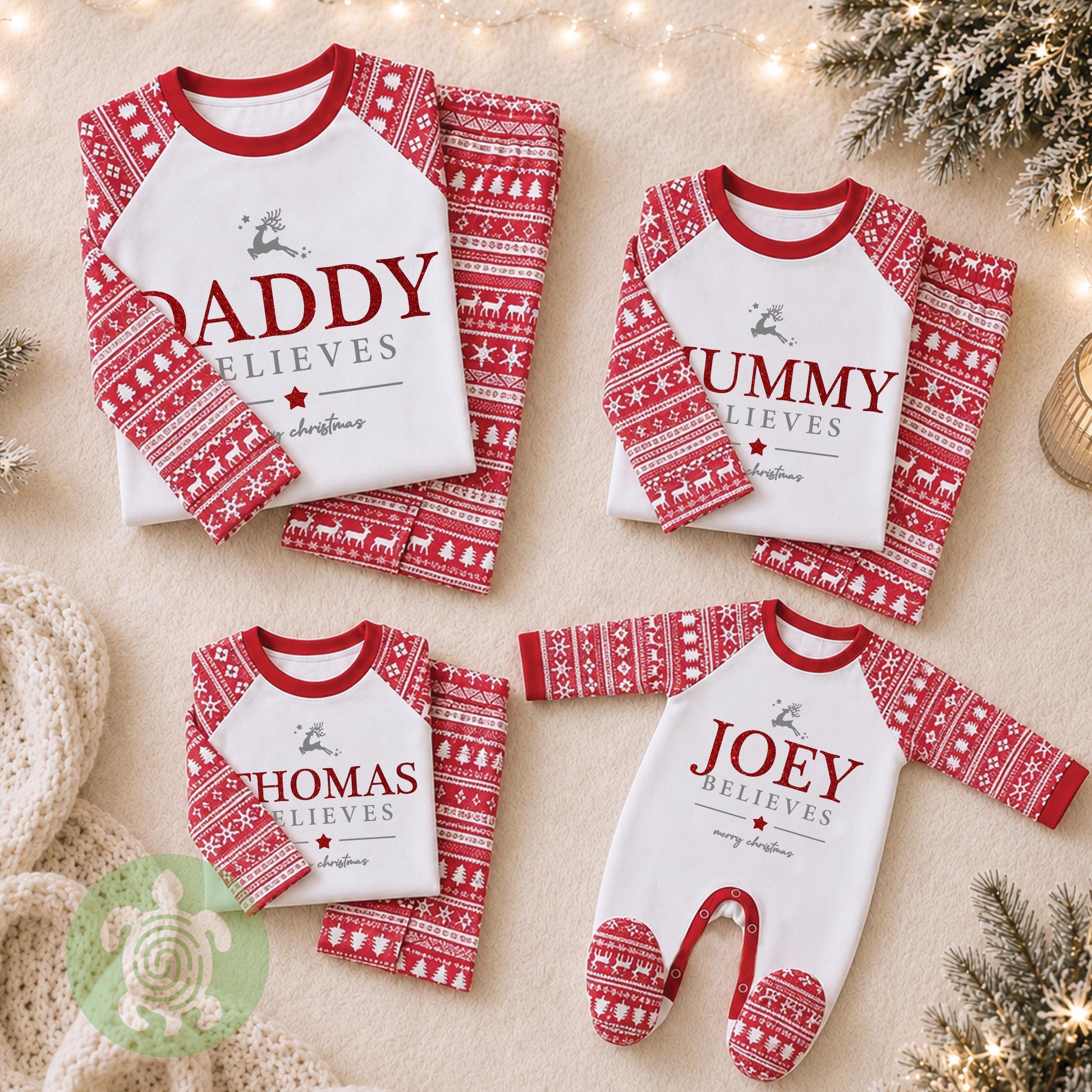 Luxury Believes Red Glitter Adults Christmas Matching Pyjamas, Festive Pattern, Personalised Clothing Set, Tight-fitting style