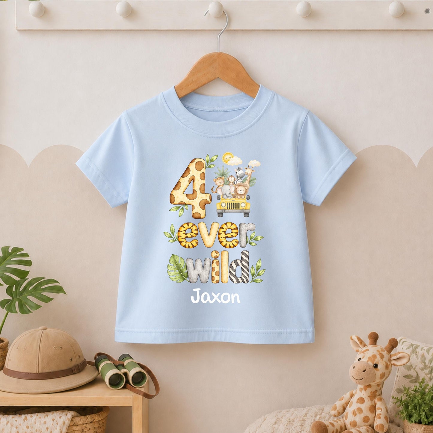 Jeep Safari 4 Ever Wild Fourth Birthday T-shirt, Personalised Name Birthday Design