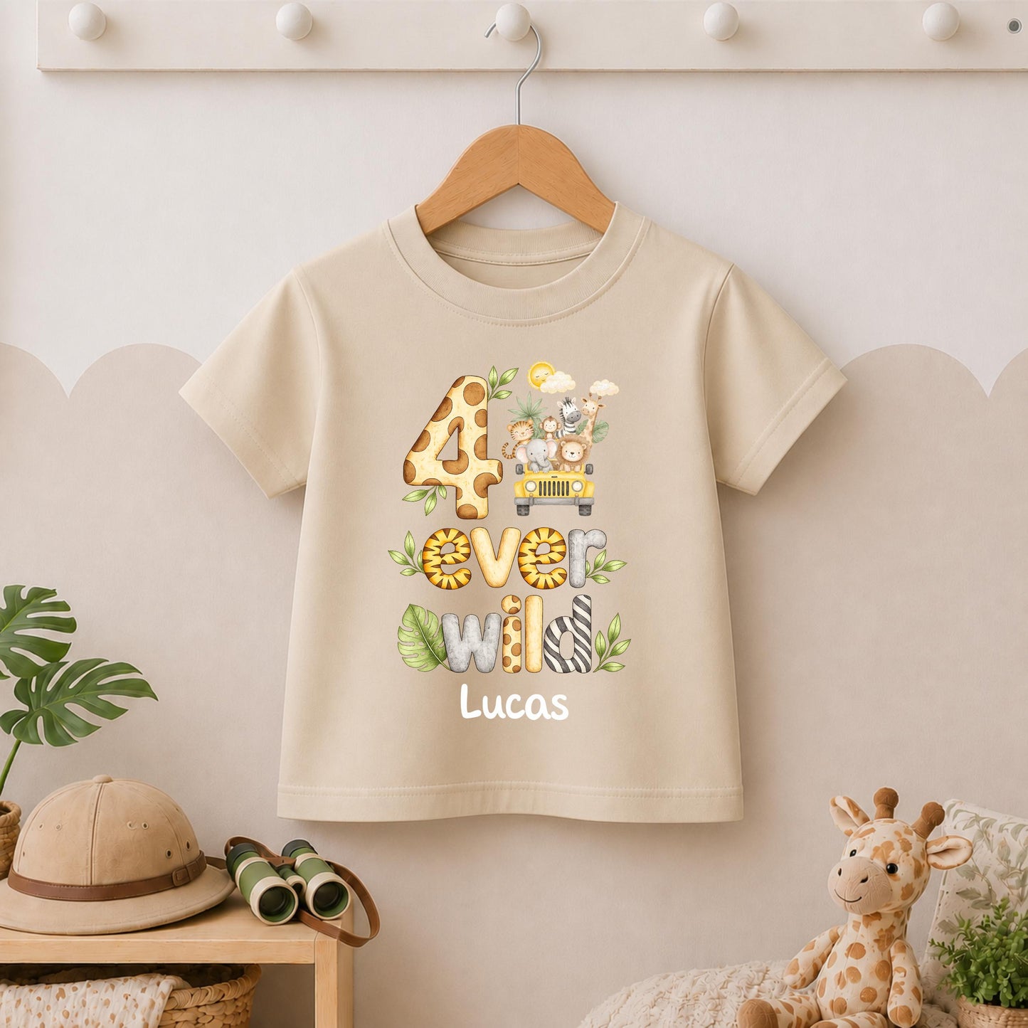 Jeep Safari 4 Ever Wild Fourth Birthday T-shirt, Personalised Name Birthday Design