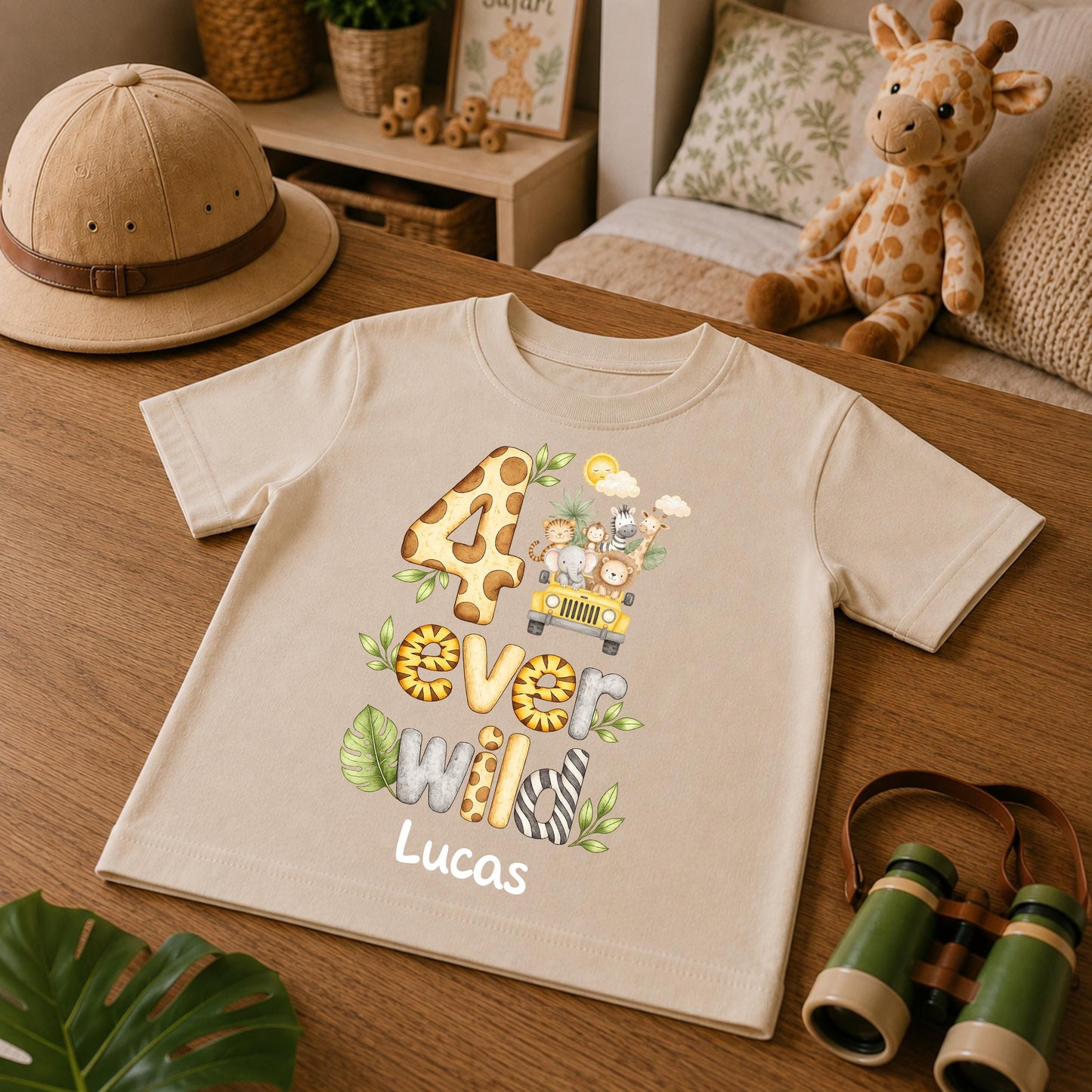 Jeep Safari 4 Ever Wild Fourth Birthday T-shirt, Personalised Name Birthday Design