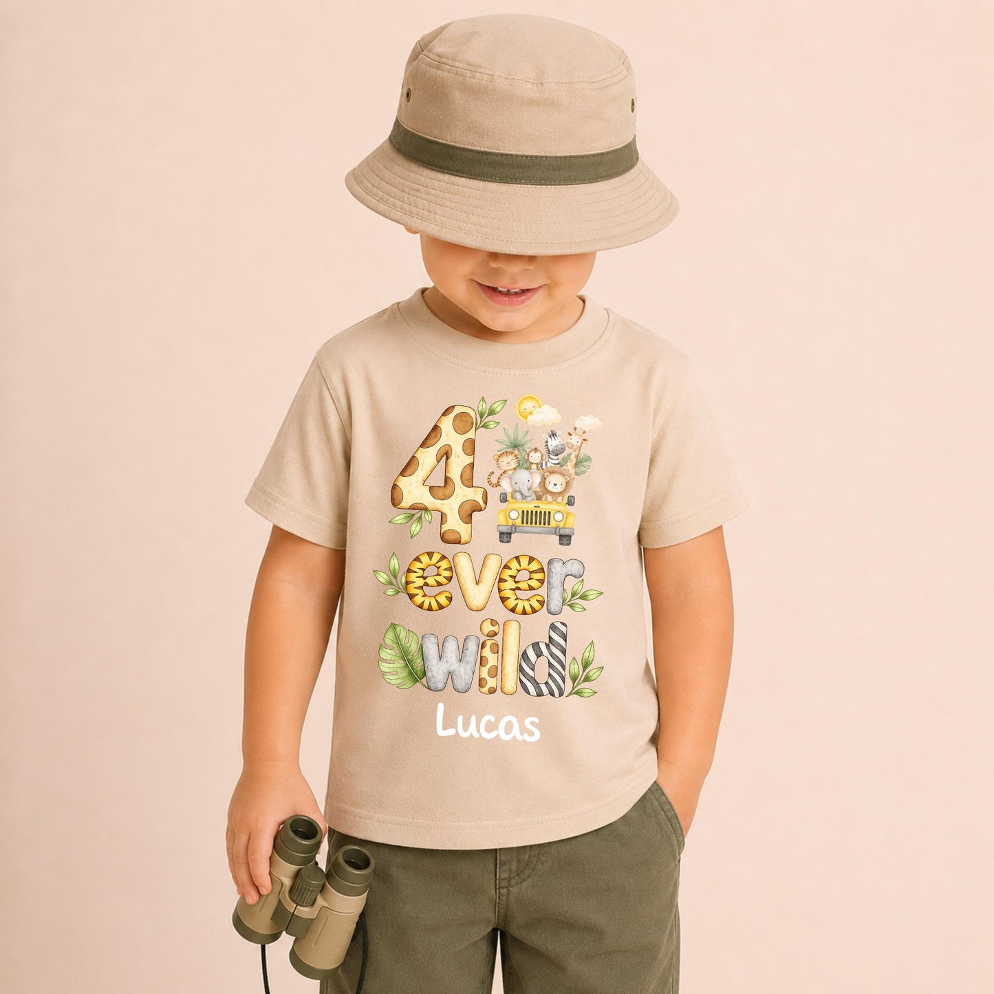 Jeep Safari 4 Ever Wild Fourth Birthday T-shirt, Personalised Name Birthday Design