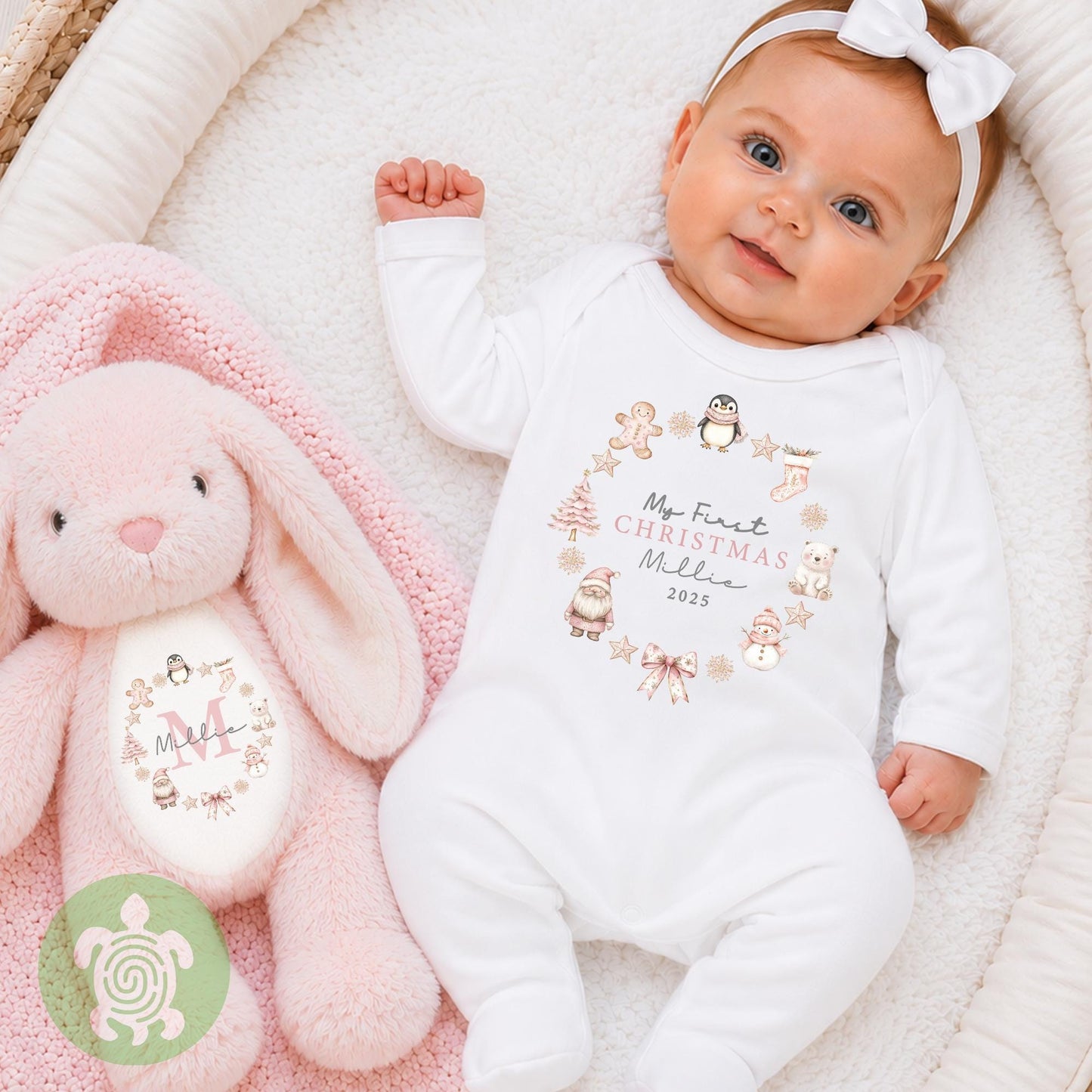 Personalised My First Christmas Pink Wreath, When I wake up it will be Christmas, 1st Christmas Sleepsuit, Babies 1st Xmas, Reindeer Gift