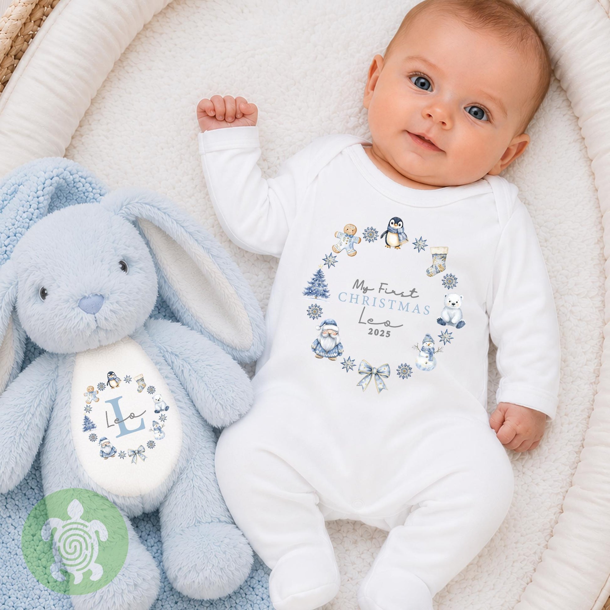 Personalised My First Christmas Blue Wreath, When I wake up it will be Christmas, 1st Christmas Sleepsuit, Babies 1st Xmas, Reindeer Gift
