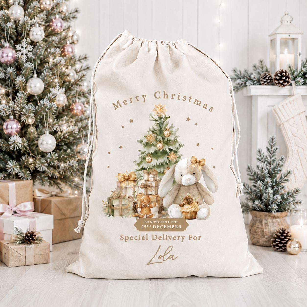 Personalised Christmas Natural Bunny Sack, Luxury Linen Polyester Christmas Sack, Christmas Eve Box, 1st Christmas sack, Toy Gift bag