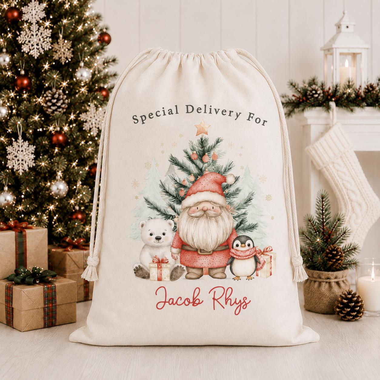 Personalised Christmas Red Polar Bear & Santa Sack, Luxury Linen Polyester Christmas Stuff Bag, Christmas Eve Box, 1st Christmas sack