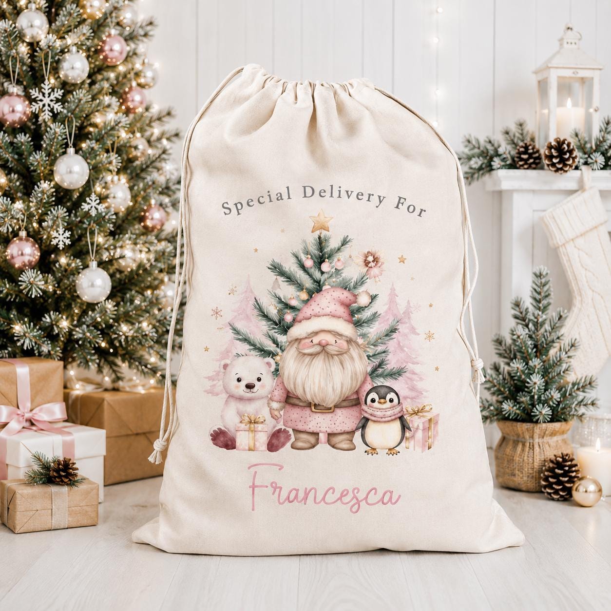 Personalised Christmas Pink Polar Bear & Santa Sack, Luxury Linen Polyester Christmas Stuff Bag, Christmas Eve Box, 1st Christmas sack
