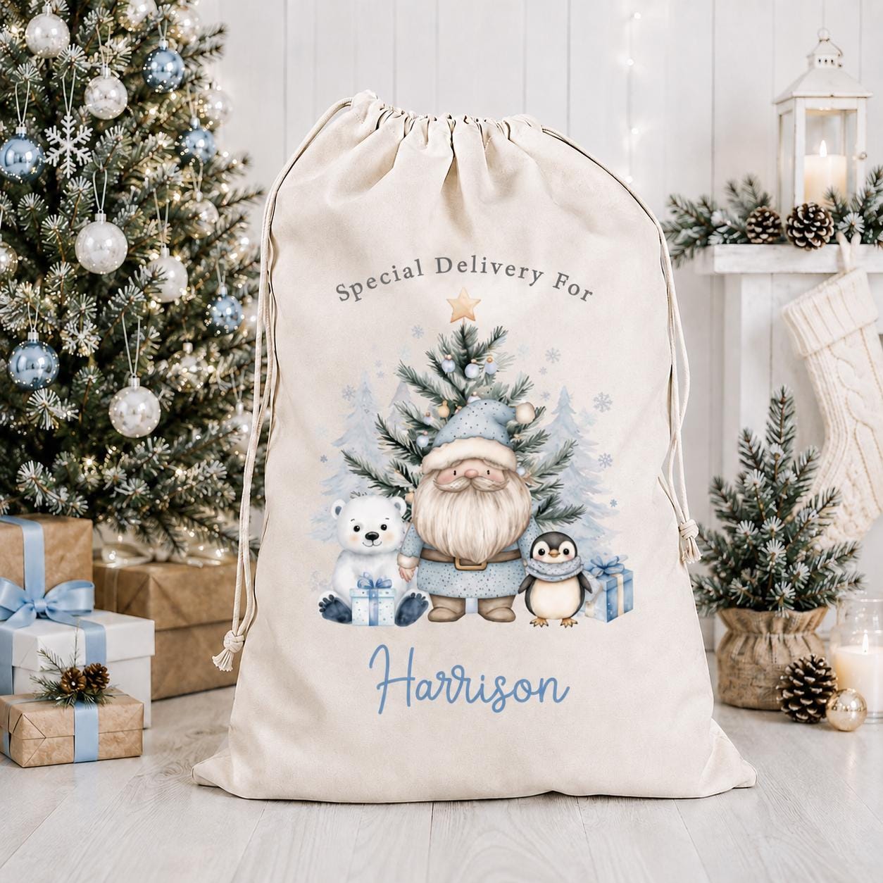Personalised Christmas Blue Polar Bear & Santa Sack, Luxury Linen Polyester Christmas Stuff Bag, Christmas Eve Box, 1st Christmas sack