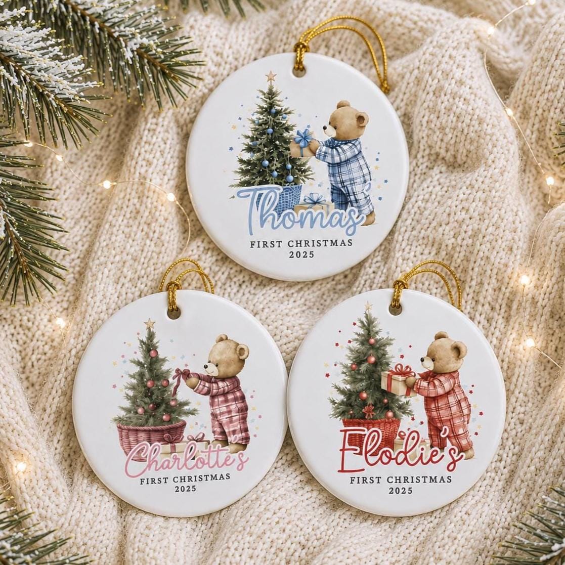 Baby's First Christmas Decoration | Keepsake Christmas Bauble Gift Ceramic Ornament | Personalised Baby's 1st Christmas Red Teddy Decoration