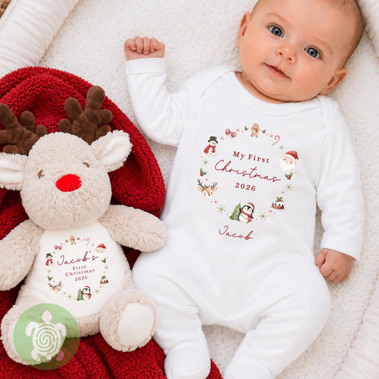 Personalised My First Christmas Wreath, Santa Reindeer Snowman Penguin, 1st Christmas Sleepsuit, Babies 1st Xmas, Reindeer Teddy Gift