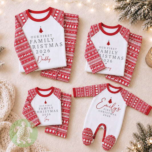 Luxury Personalised Our First Family Christmas, Adults Matching Set, Festive Pattern, Clothing Set, Tight-fitting style, 1st Christmas