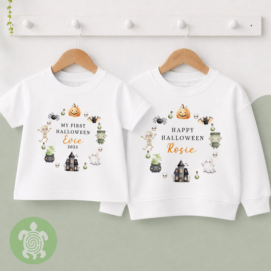 Personalised Happy Halloween Wreath T-Shirt | Spooky Outfit | Baby Pumpkin Top | Cute Skeleton | Halloween Costume | Sweatshirt | Scary
