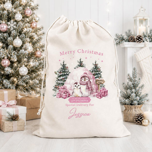 Personalised Christmas Pink Penguin Sack, Luxury Linen Polyester Christmas Sack, Christmas Eve Box, 1st Christmas sack, Toy Gift bag