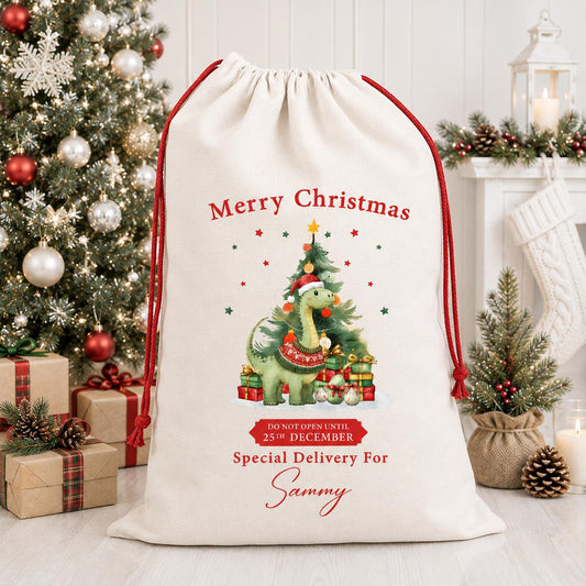 Personalised Christmas Dinosaur Sack, Luxury Linen Polyester Christmas Sack, Christmas Eve Box, 1st Christmas sack, Toy Gift bag