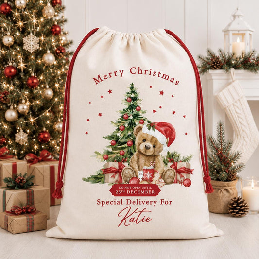 Personalised Christmas Red Teddy Sack, Luxury Linen Polyester Christmas Sack, Christmas Eve Box, 1st Christmas sack, Toy Gift bag
