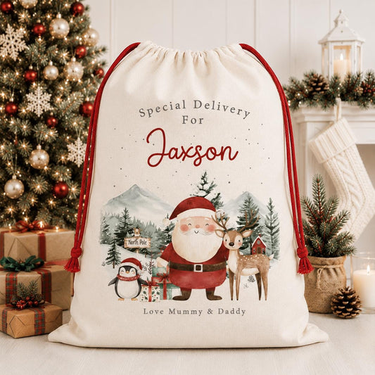Personalised Rustic Christmas Scene Sack, My First Christmas Sack, Santa sack, Babies 1st Christmas, Christmas Eve Bag, Baby Girl/Boy