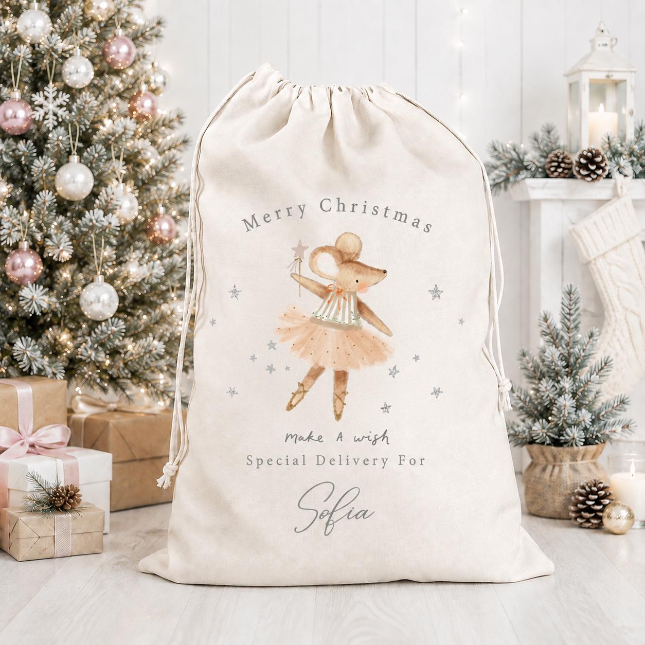 Personalised Christmas Sparkle Mouse Sack, Luxury Linen Polyester Christmas Sack, Christmas Eve Box, 1st Christmas sack, Toy Gift bag