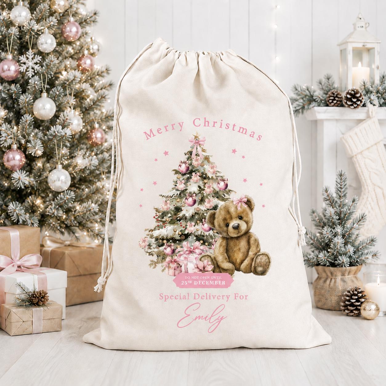 Personalised Christmas Pink Teddy Sack, Luxury Recycled cotton Christmas Sack, Christmas Eve Box, 1st Christmas sack, Christmas Eve bag