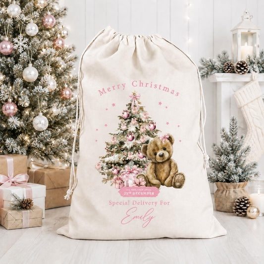 Personalised Christmas Pink Teddy Sack, Luxury Recycled cotton Christmas Sack, Christmas Eve Box, 1st Christmas sack, Christmas Eve bag
