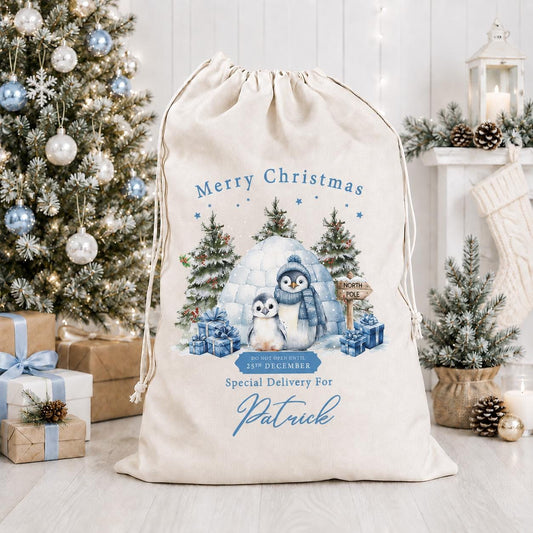 Personalised Christmas Blue Penguin Sack, Luxury Linen Polyester Christmas Sack, Christmas Eve Box, 1st Christmas sack, Toy Gift bag