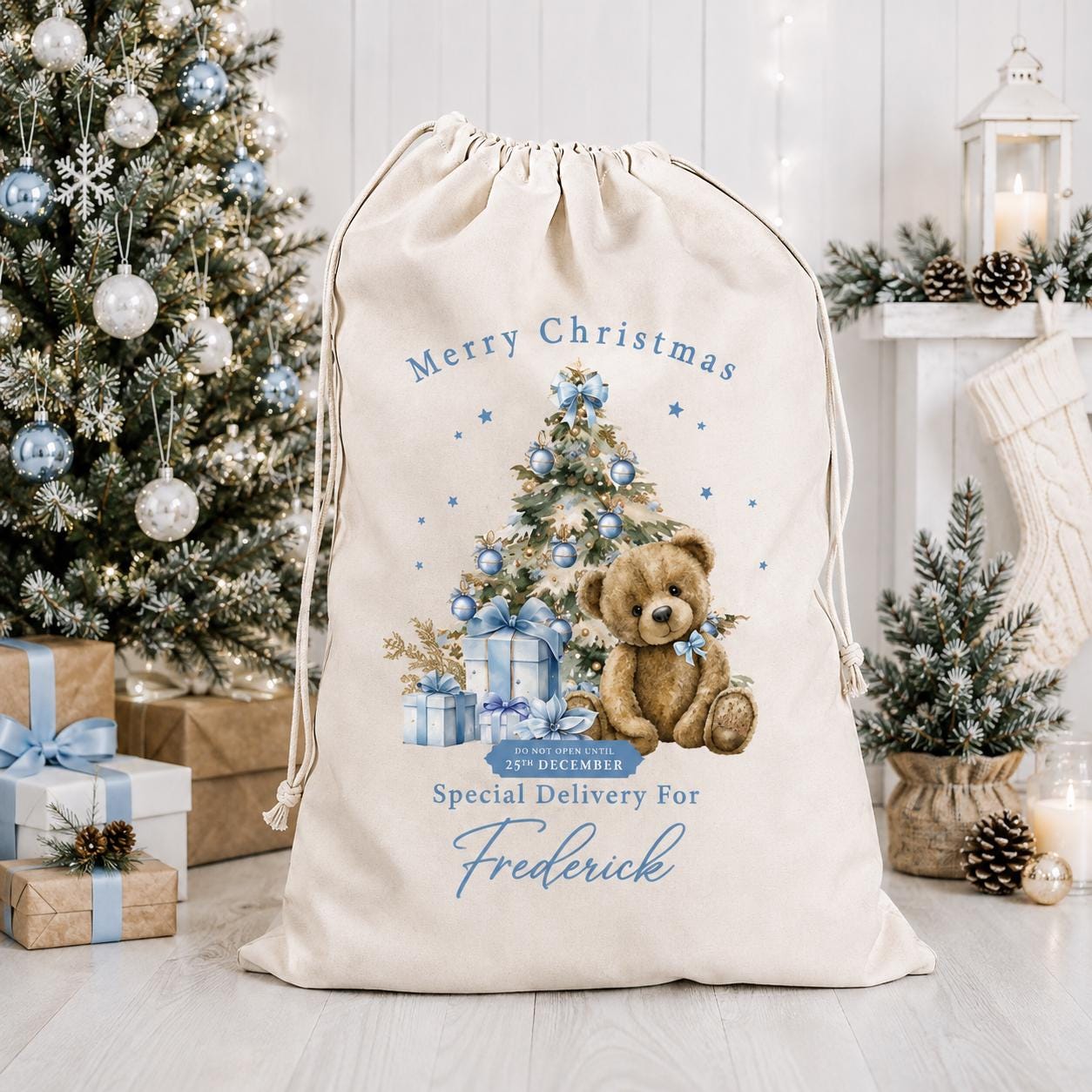 Personalised Christmas Blue Teddy Sack, Luxury Linen Polyester Christmas Sack, Christmas Eve Box, 1st Christmas sack, Toy Gift bag