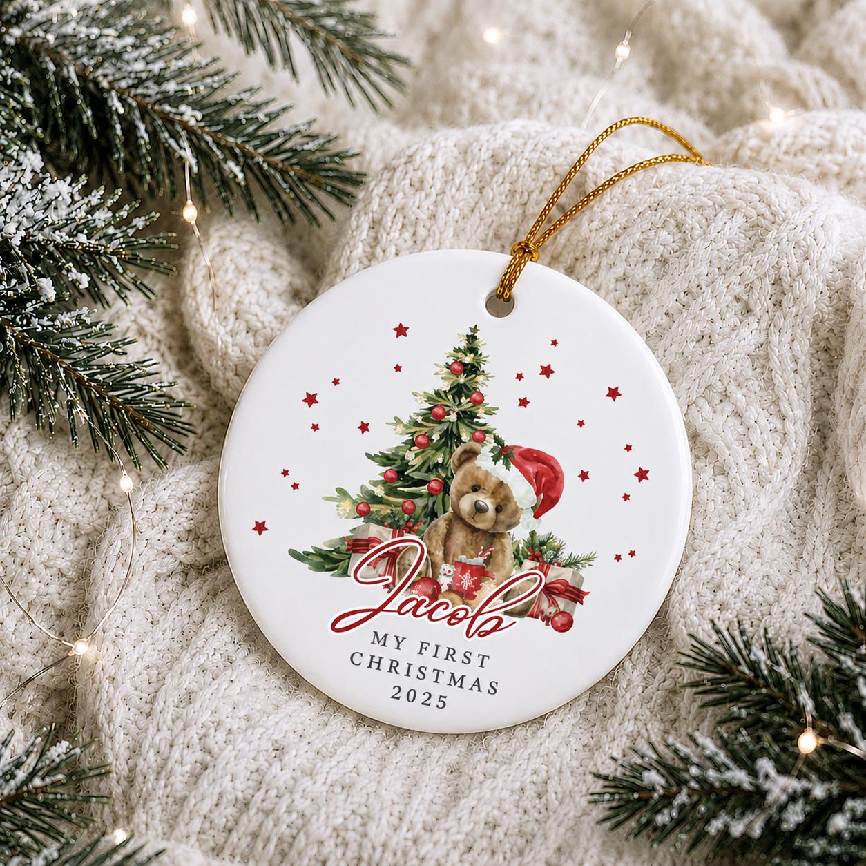 Personalised Red Teddy Baby's First Christmas Ornament | Ceramic Bauble | Custom Newborn Gift | 1st Xmas Tree Decoration | Keepsake 2025