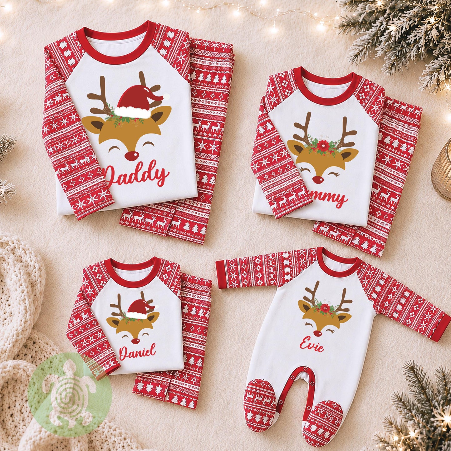 Luxury Reindeer Antler Head Adults Family Christmas Outfit, Red Festive Pattern, Personalised Clothing Set, Tight-fitting style