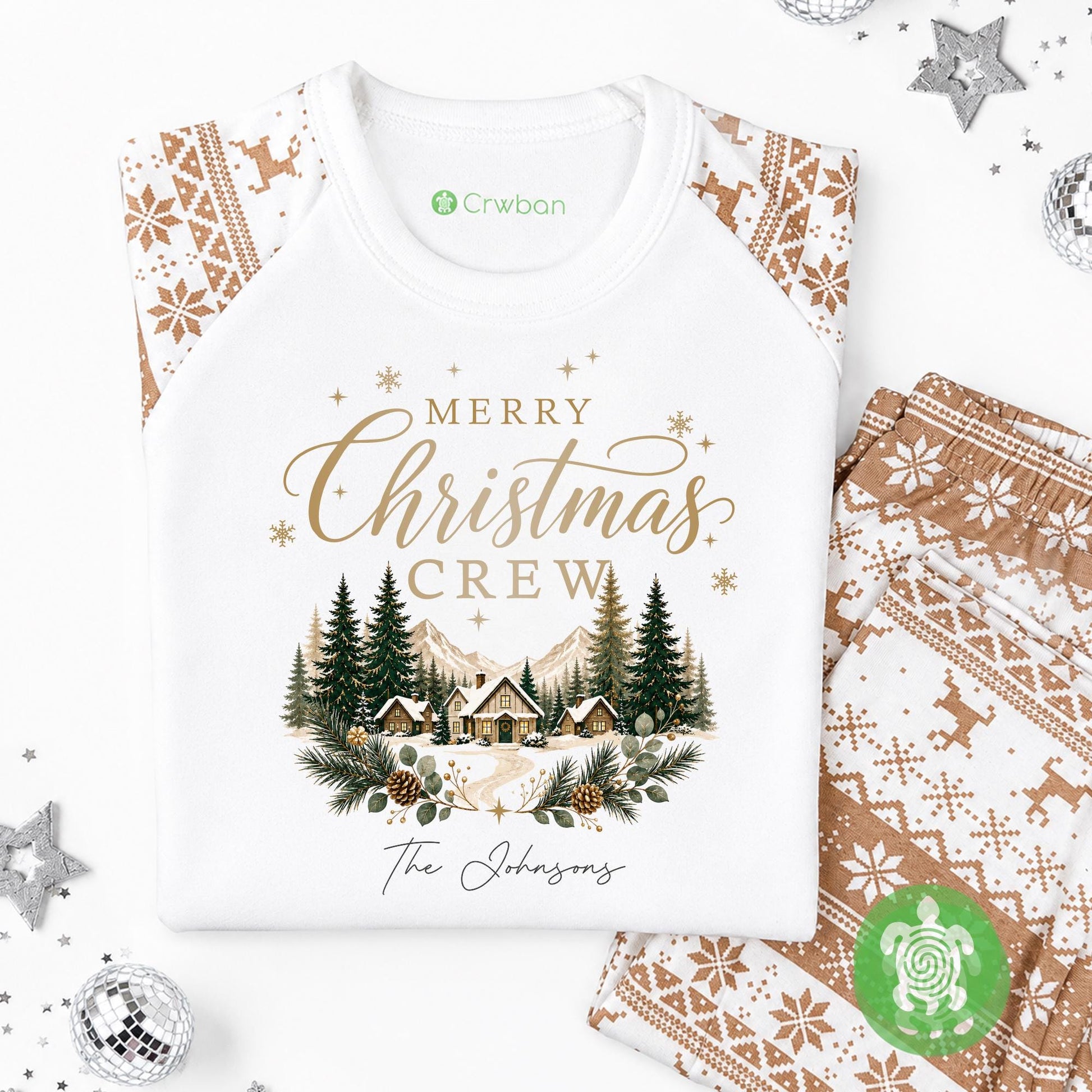 Luxury Merry Christmas Crew Adults Family Christmas Outfit, Natural Festive Pattern, Personalised Clothing Set, Tight-fitting style
