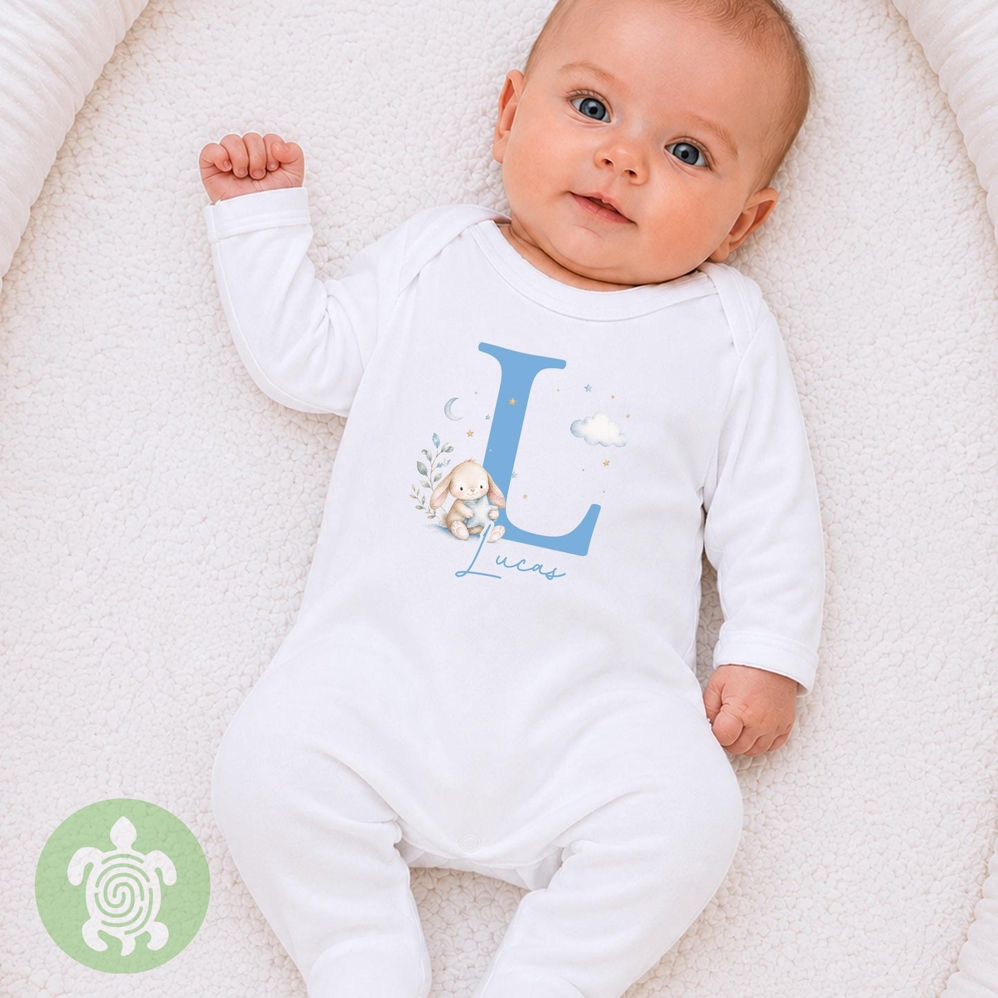 Personalised Bunny Clouds Baby Boy Gift Set, Personalised Baby Sleepsuit, Gifts for newborn, Hello world outfit, Baby Boy name announcement