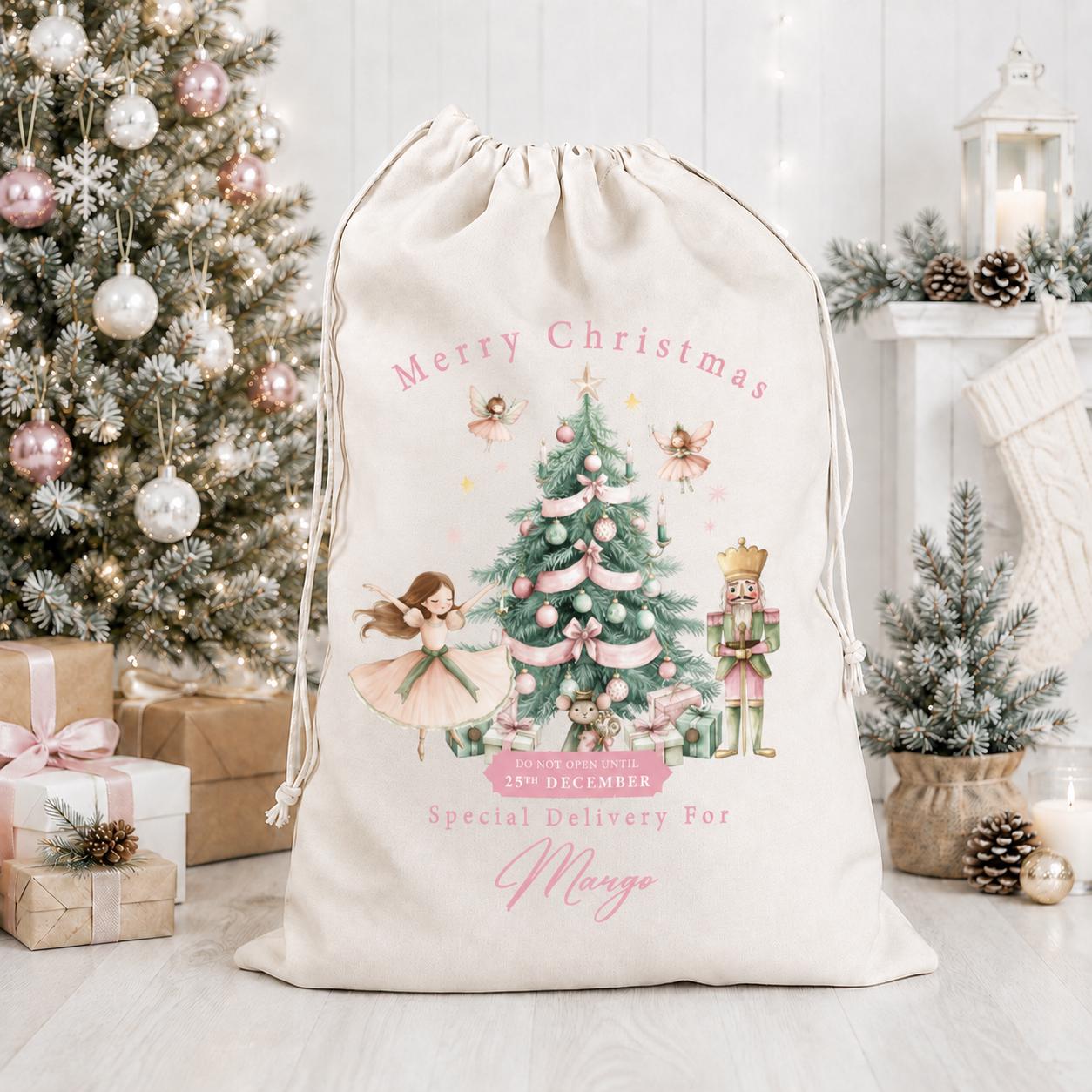 Personalised Christmas Pink Nutcracker Sack, Luxury Recycled cotton Christmas Sack, Christmas Eve Box, 1st Christmas sack, Christmas Eve bag