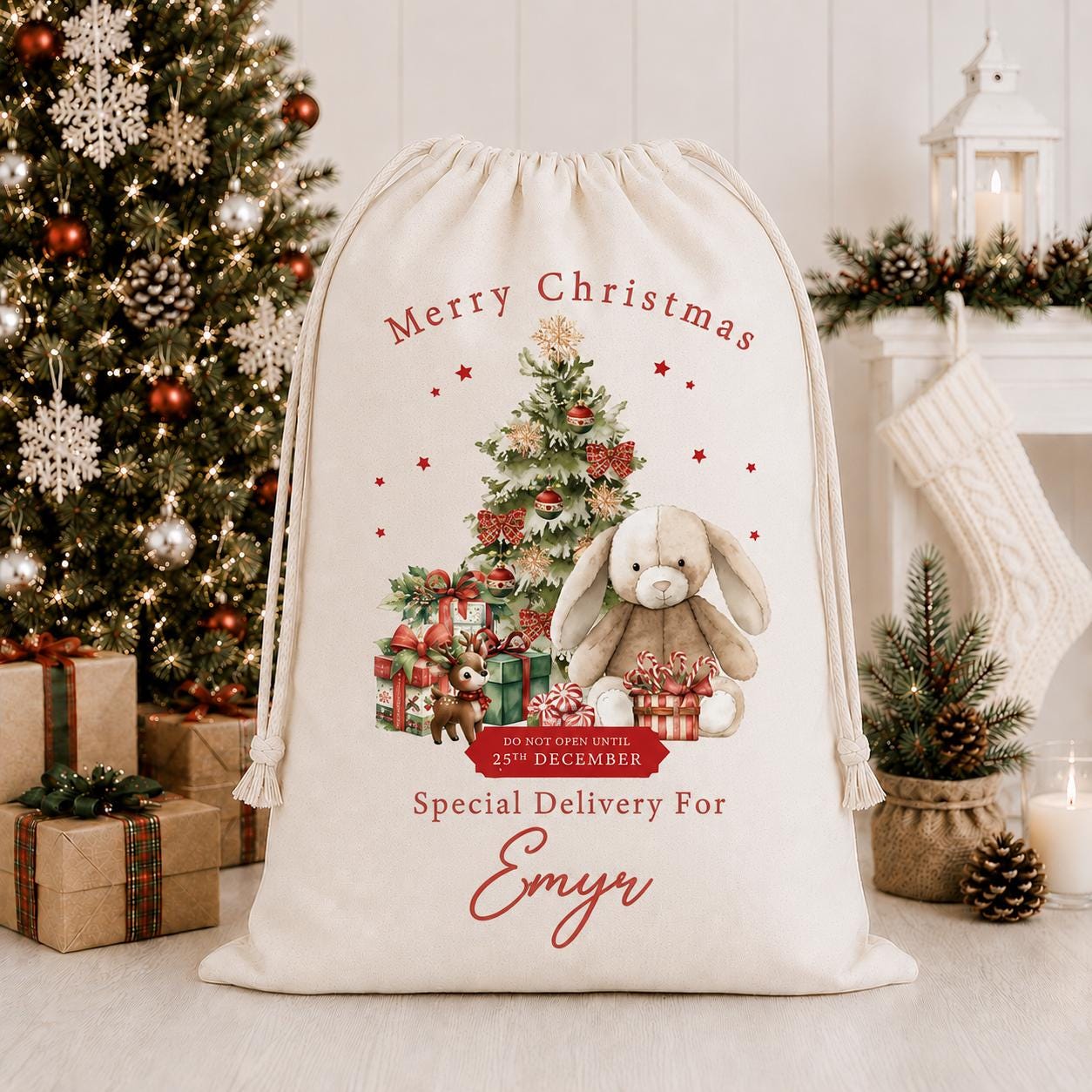 Personalised Christmas Red Bunny Sack, Luxury Linen Polyester Christmas Sack, Christmas Eve Box, 1st Christmas sack, Toy Gift bag