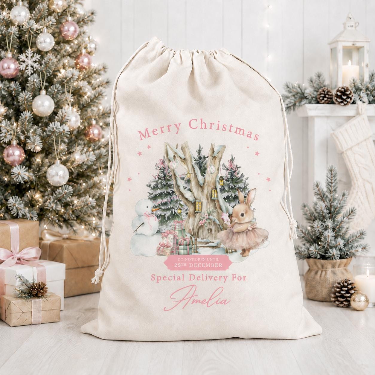 Personalised Christmas Pink Tutu Bunny Sack, Luxury Linen Polyester Christmas Sack, Christmas Eve Box, 1st Christmas sack, Toy Gift bag
