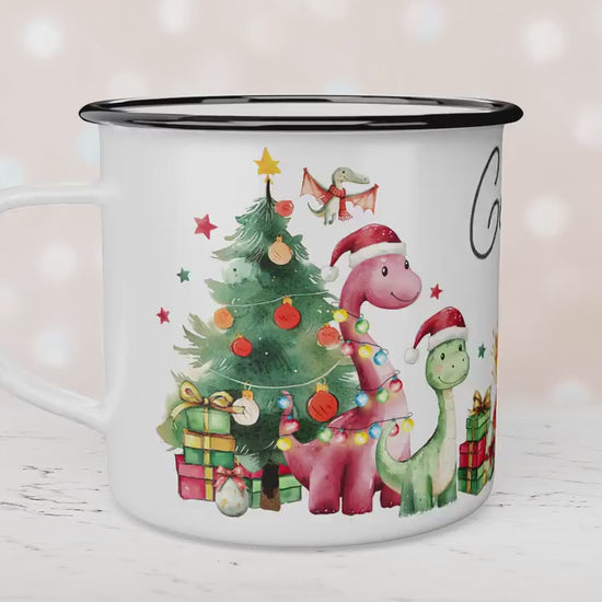 Personalised Children's Red Dinosaur Festive Mug, Xmas Gift, Children's Enamel Mug, Christmas Hot Chocolate, Kids Mug, Christmas Eve Filler