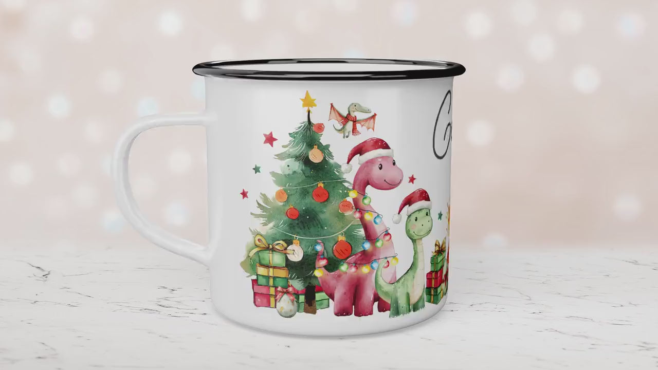 Personalised Children's Red Dinosaur Festive Mug, Xmas Gift, Children's Enamel Mug, Christmas Hot Chocolate, Kids Mug, Christmas Eve Filler