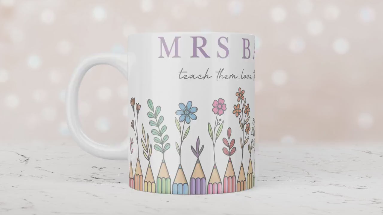 Personalised Pencil Flowers Teacher Thank You Gift, Teacher Mug With Name, Teacher Appreciation Gift, End of Term Gift, Nursery Teacher Gift
