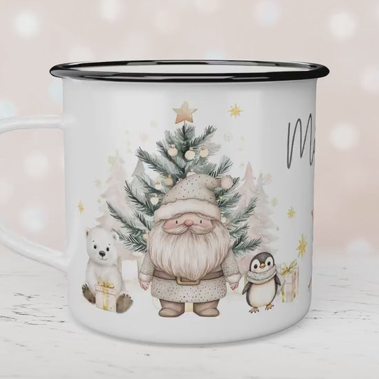 Personalised Children's Beige Polar Bear Festive Mug, Xmas Gift Idea, Enamel Mug, Christmas Hot Chocolate, Kids Mug, Christmas Eve Filler