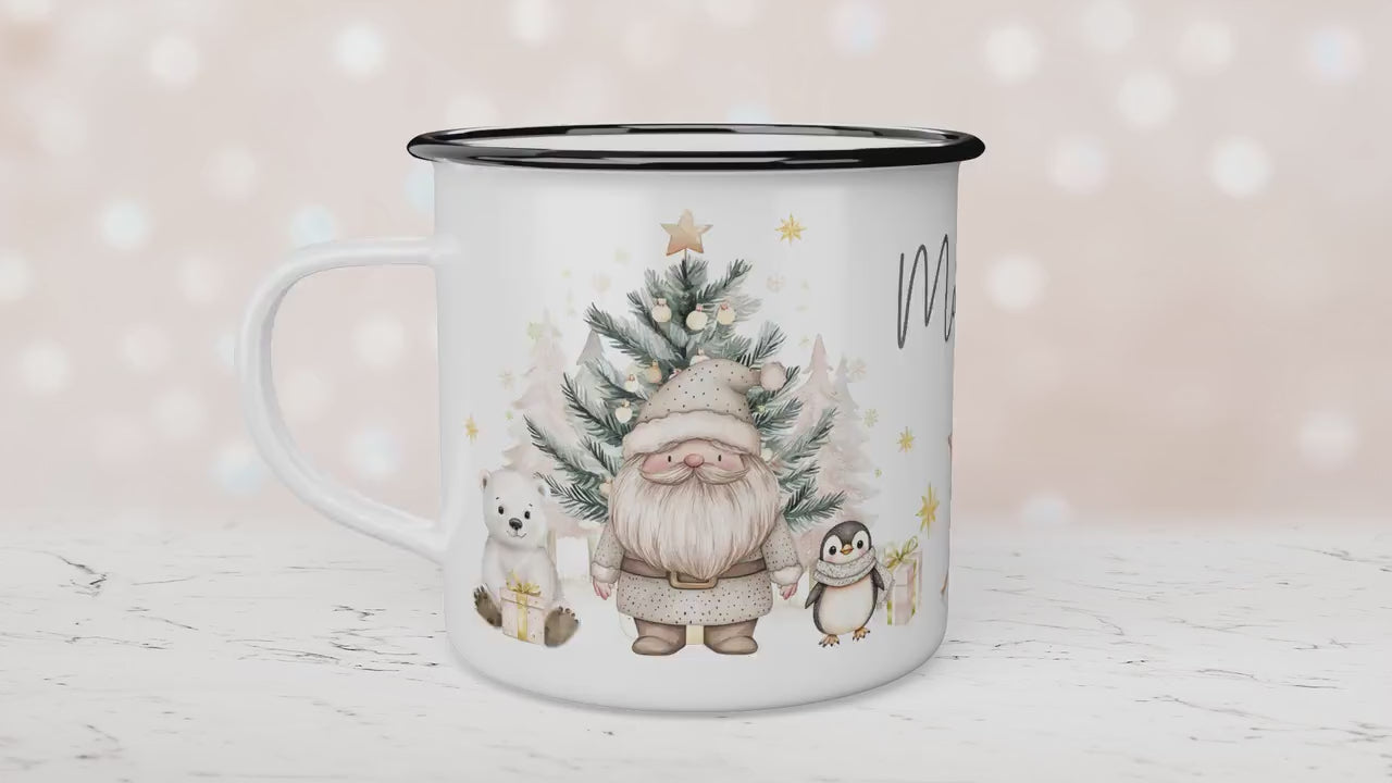 Personalised Children's Beige Polar Bear Festive Mug, Xmas Gift Idea, Enamel Mug, Christmas Hot Chocolate, Kids Mug, Christmas Eve Filler