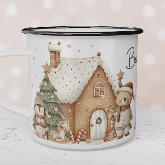 Personalised Children's Santa Gingerbread House Festive Mug, Children's Enamel Mug, Christmas Hot Chocolate, Kids Mug, Christmas Eve Filler
